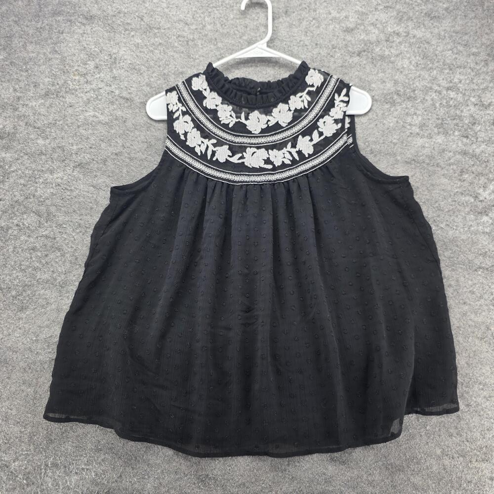 Torrid Blouse Womens 00 Black High Neck Sleeveless Embroidered Polka Dot Chiffon